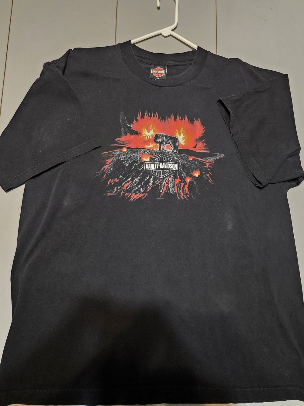 Harley-Davidson Black Tee with Wolf and Red-Orange Flame Graphic